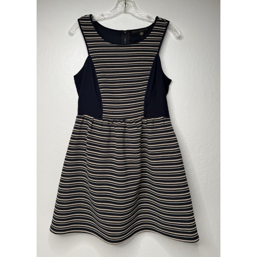 City Studio Dress Juniors Size 9 Tan Blue Striped Zip Sleeveless Casual Work New